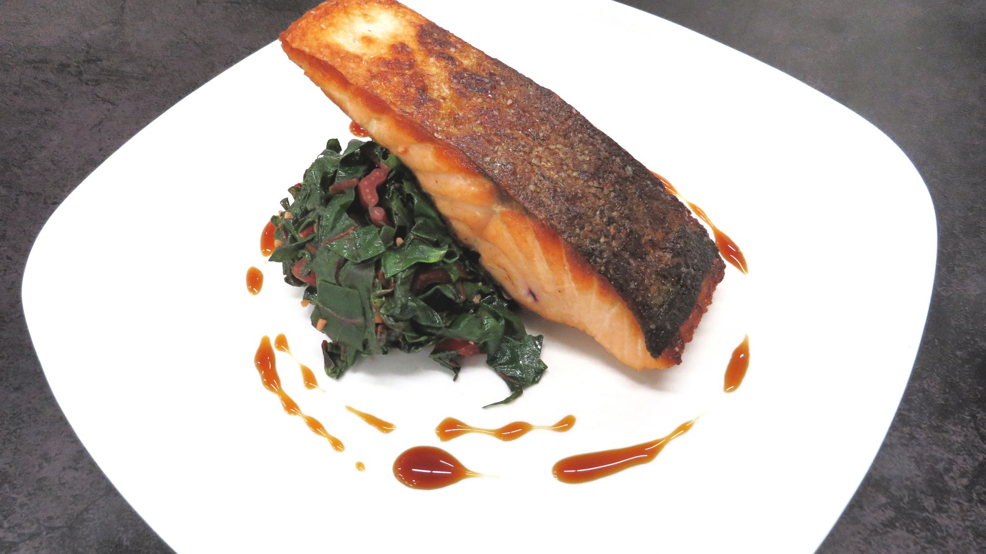 Pan Roasted Salmon with Wilted Swiss Chard, recipe from Euclid Fish Market, fresh fish market in Mentor, Ohio